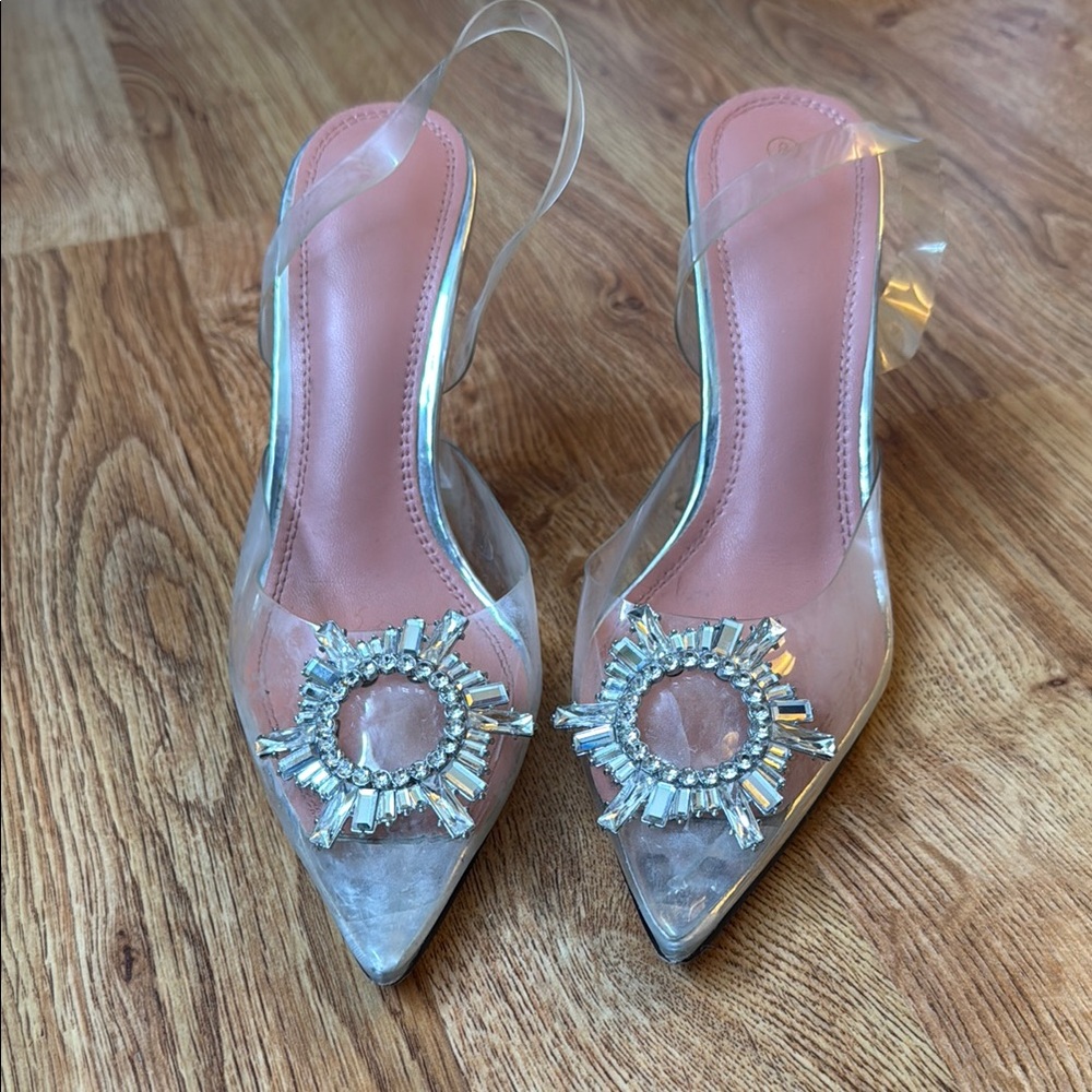 Silver Slingback Heels with Crystal Embellishments